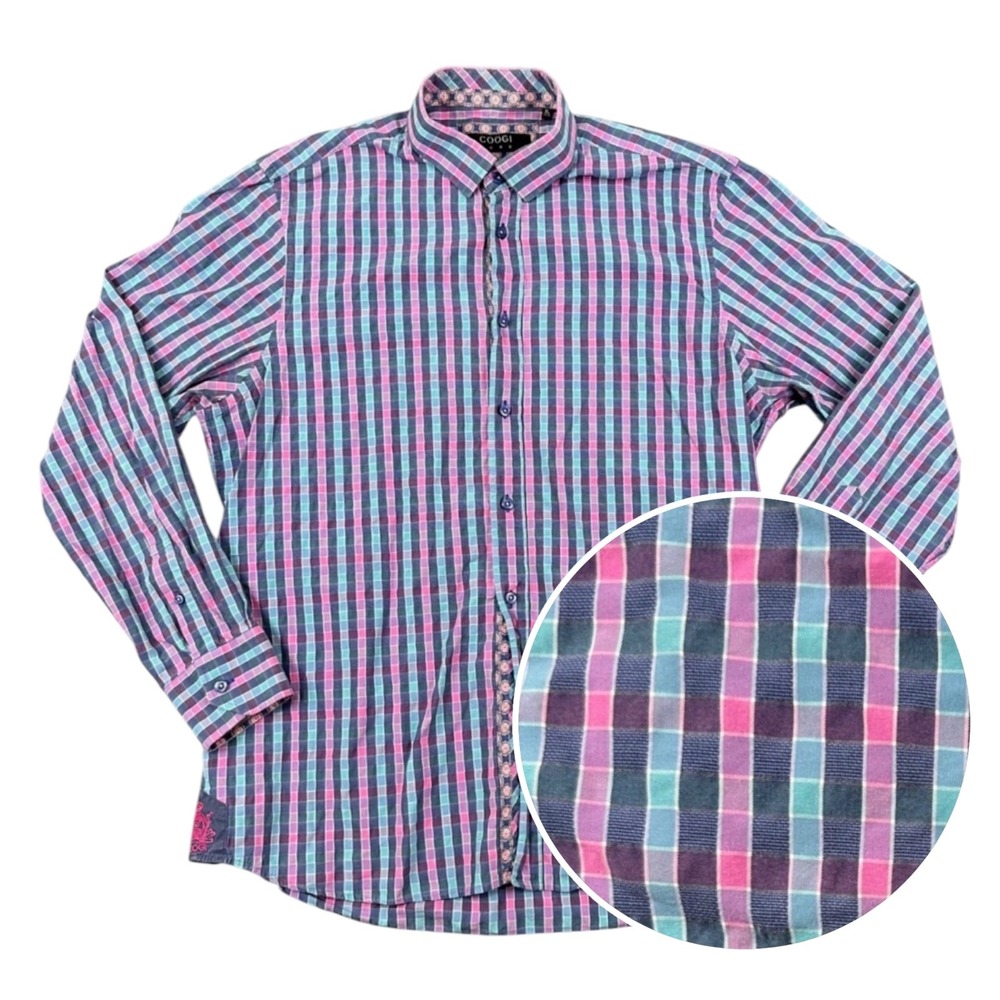 Coogi Luxe Button Down Shirt Mens‎ XL Long Sleeve Multicolor Plaid Check Purple